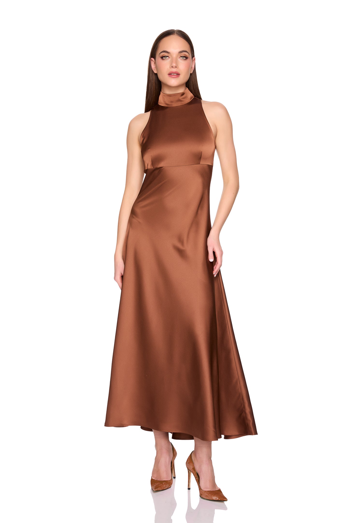 satin mock neck with long tie dress 42"