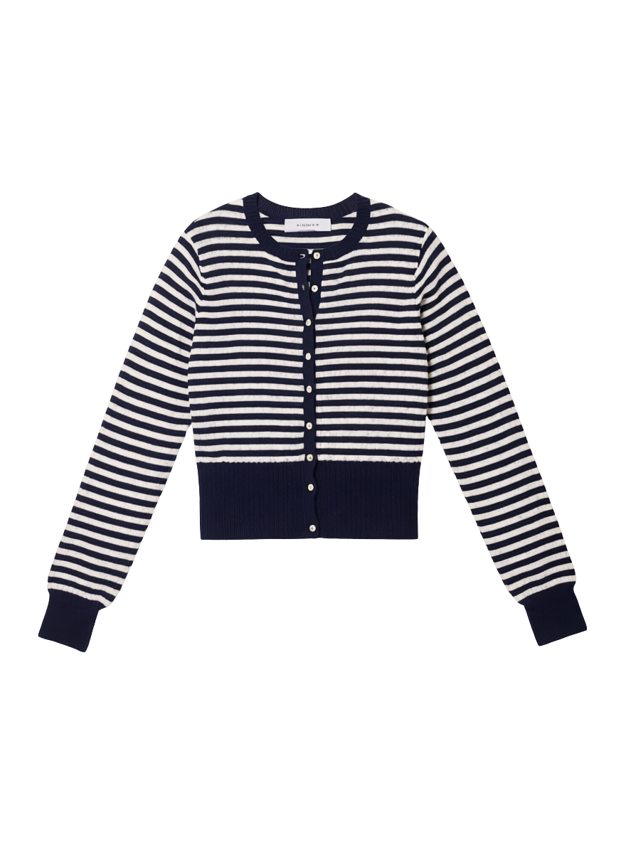 BECKETT STRIPED POINTELLE BLOUSON SLEEVE HIGH RIB CARDIGAN
