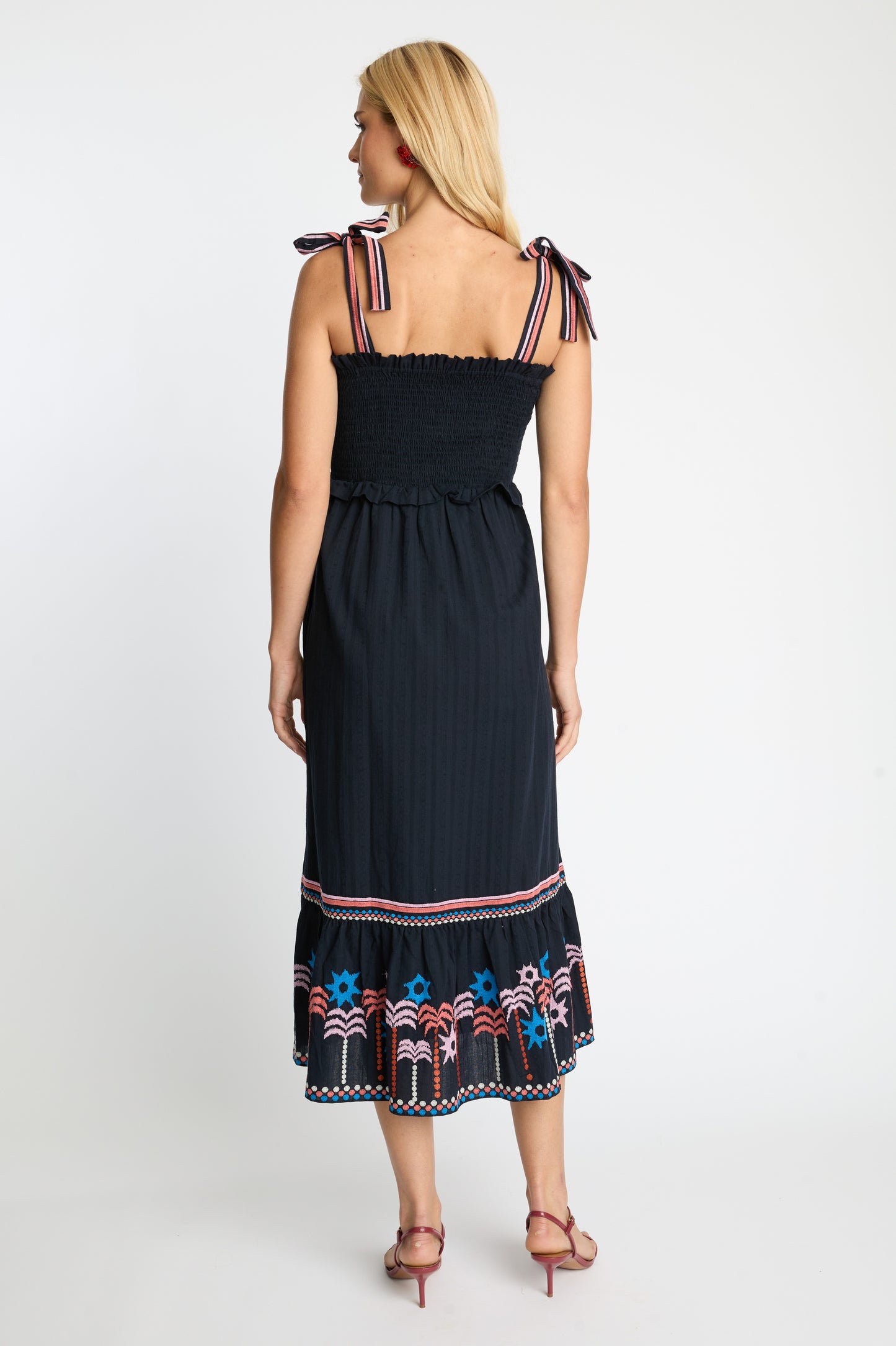 Thandi Dress in Peacoat Navy Palm Embroidery