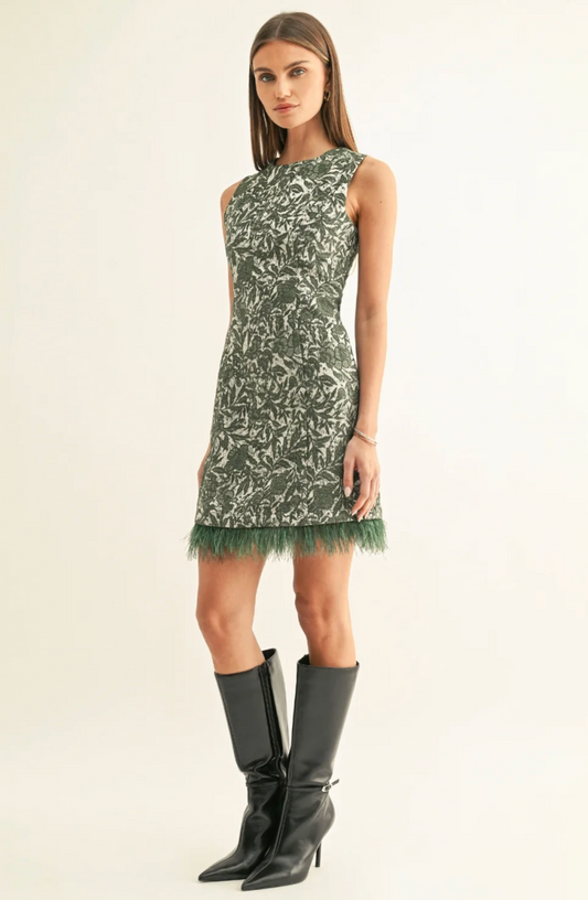 DANIEL FAUX FEATER HEM SLEEVELESS JACQUARD MINI DRESS