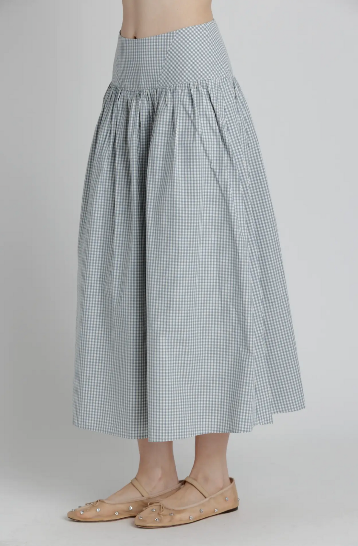 GINGHAM SHIRRED MIDI SKIRT