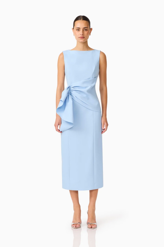 LIORA DRAPED RUFFLE COLUMN MIDI DRESS