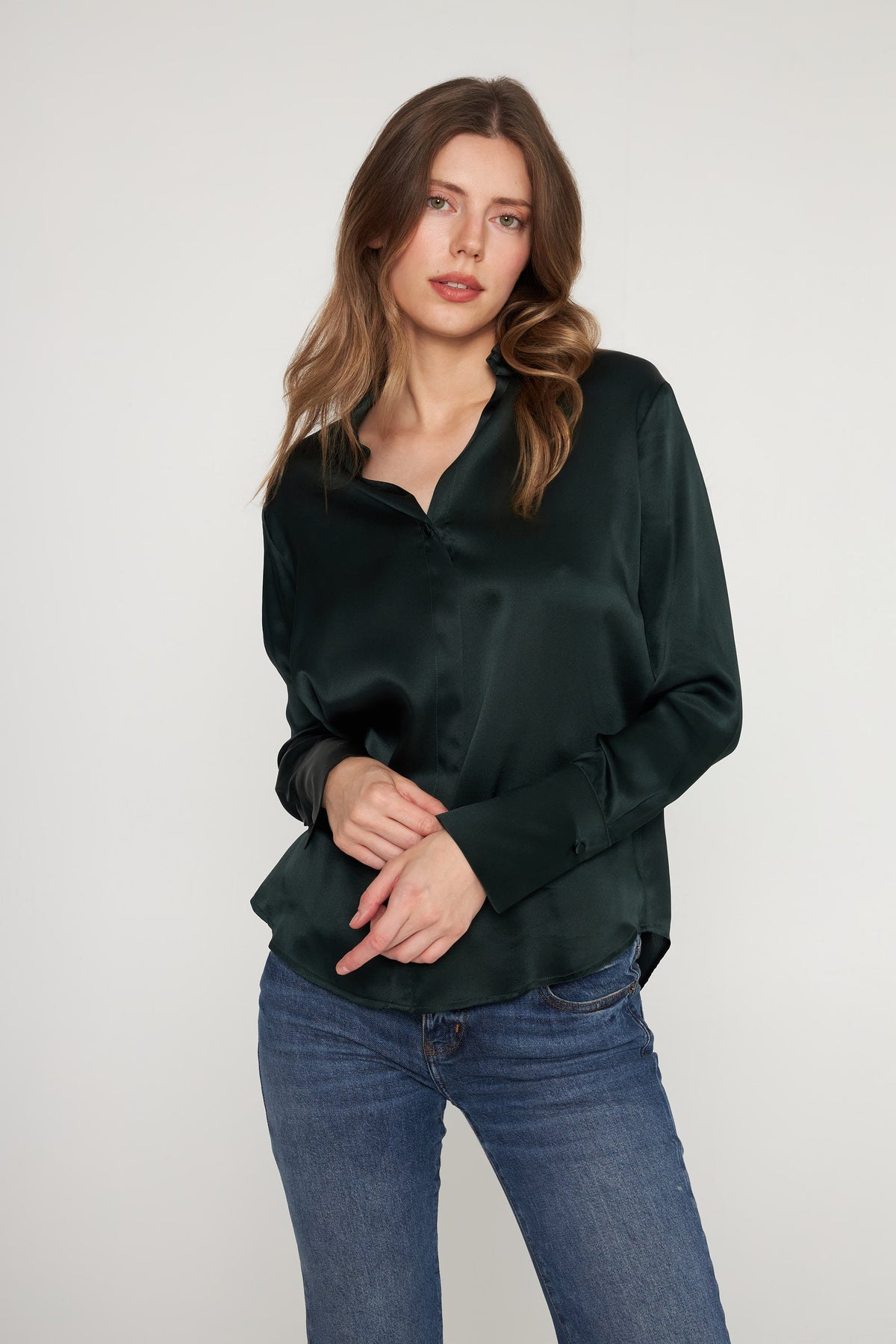 Daria French Cuff Silk Blouse - Forrest Green