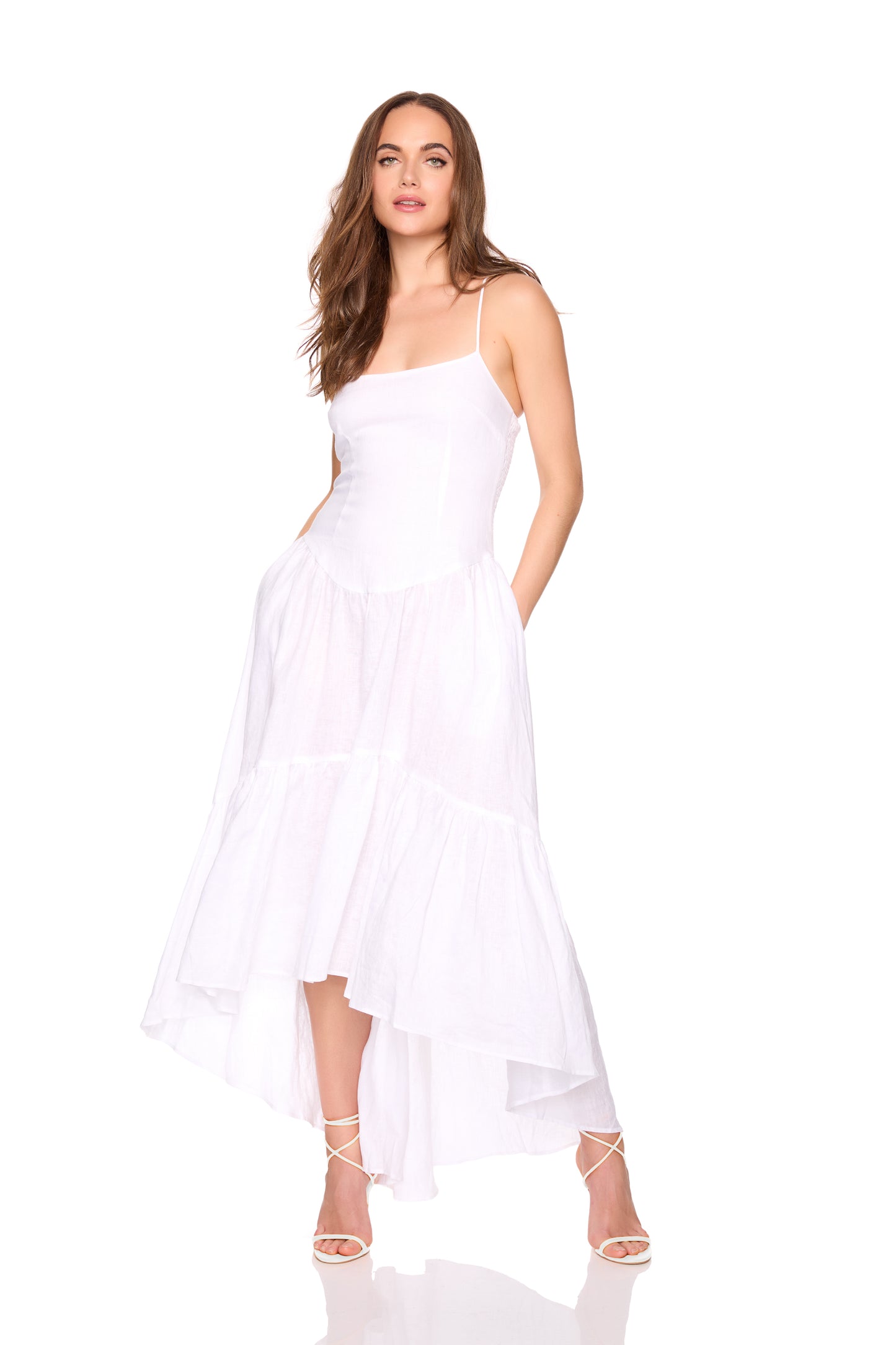 solid linen drop waist high low dress 27-42"