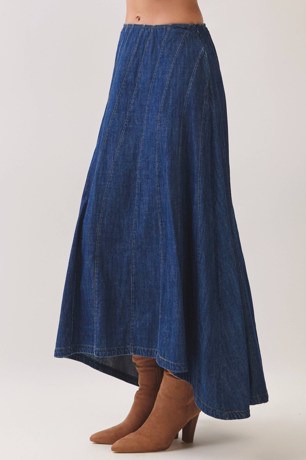 DENIM CURVED PANEL SEAM MAXI SKIRT