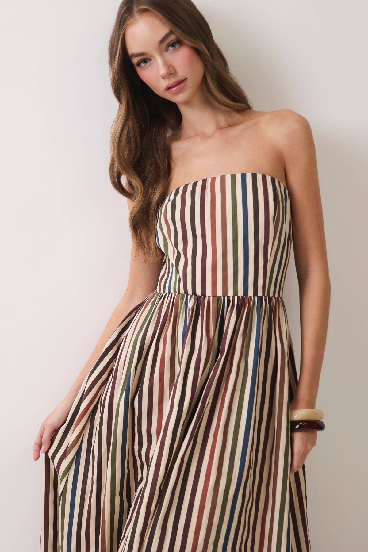 MULTI STRIPE STRAPLESS MAXI DRESS