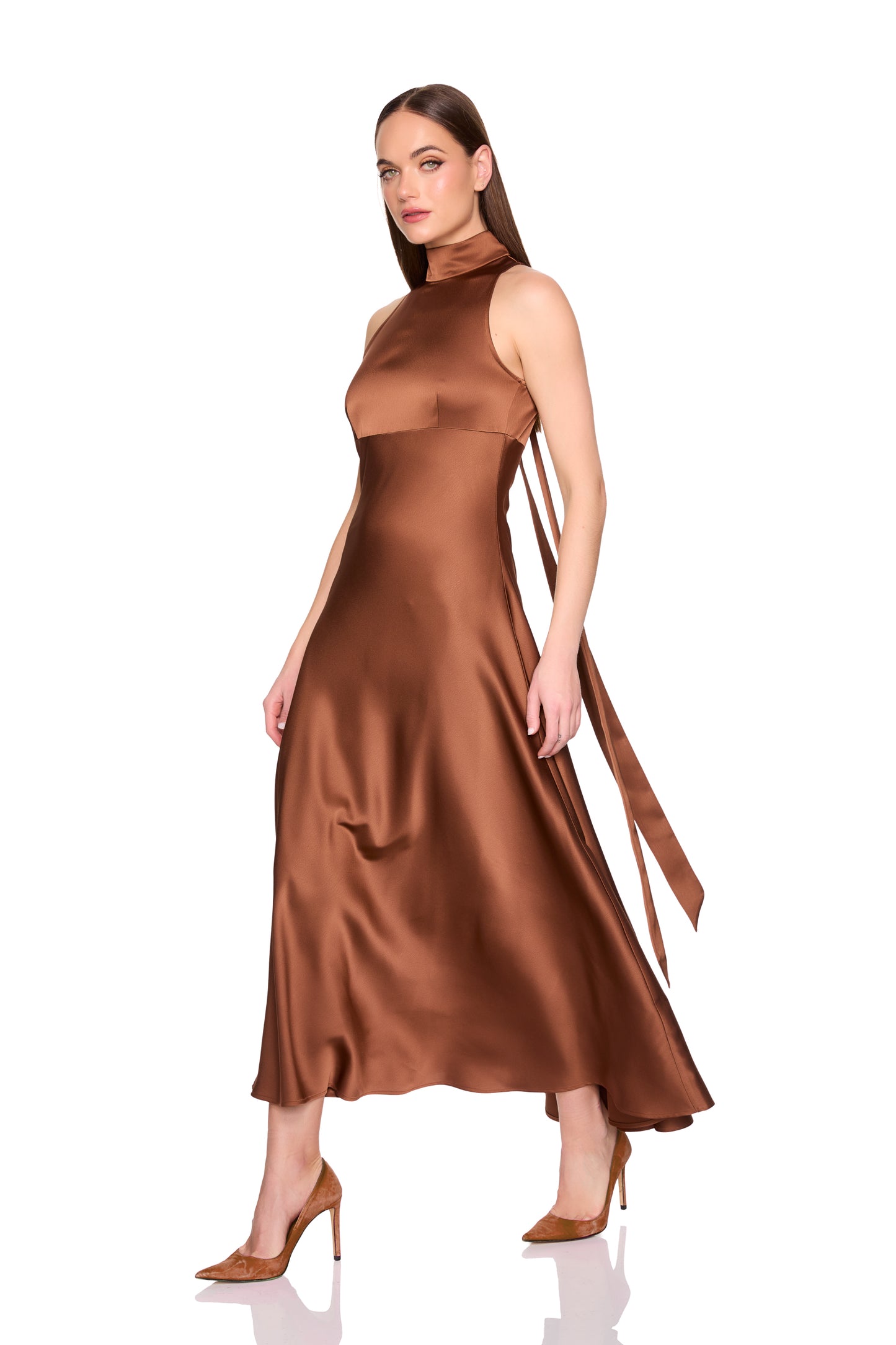 satin mock neck with long tie dress 42"