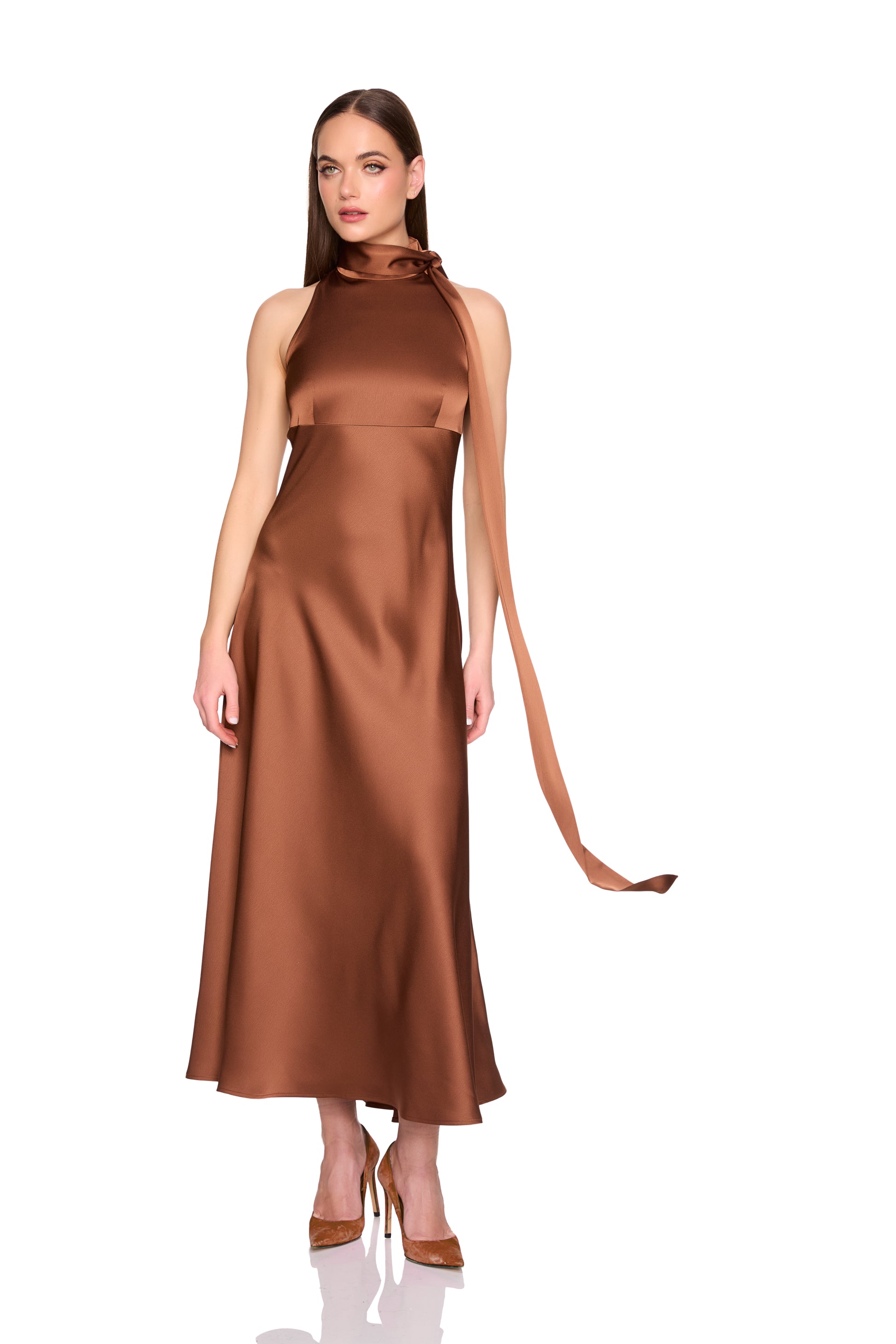 satin mock neck with long tie dress 42"