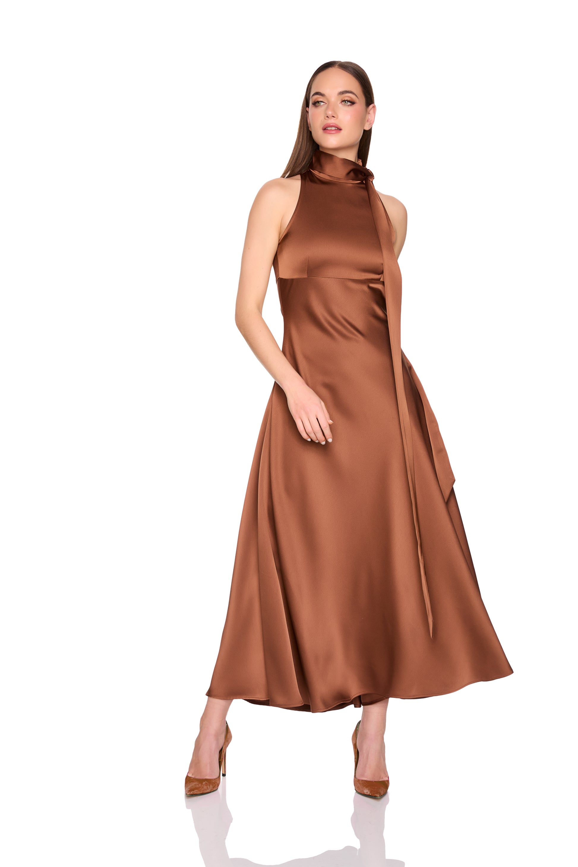 satin mock neck with long tie dress 42"