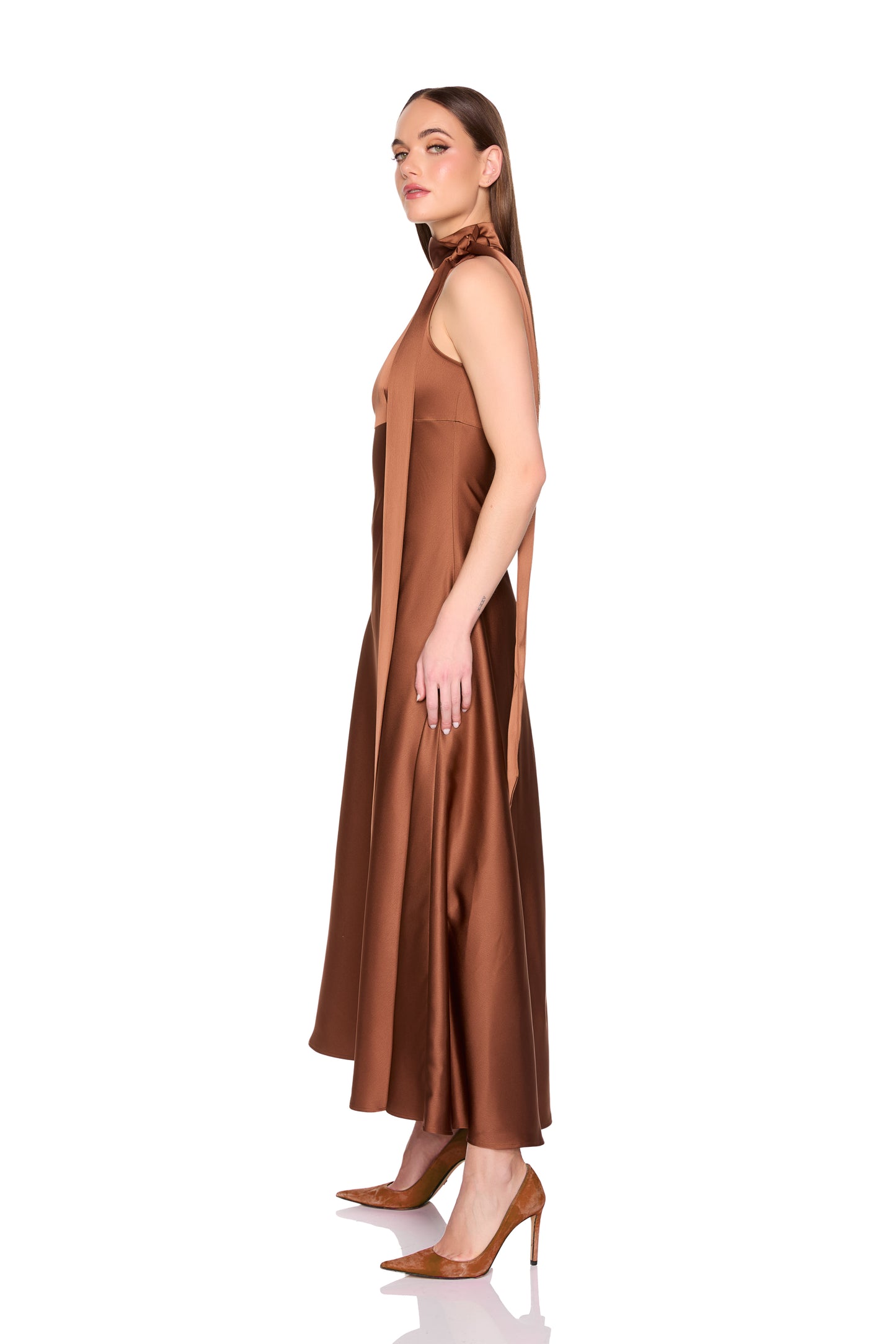 satin mock neck with long tie dress 42"