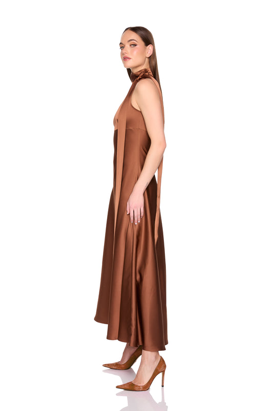 satin mock neck with long tie dress 42"