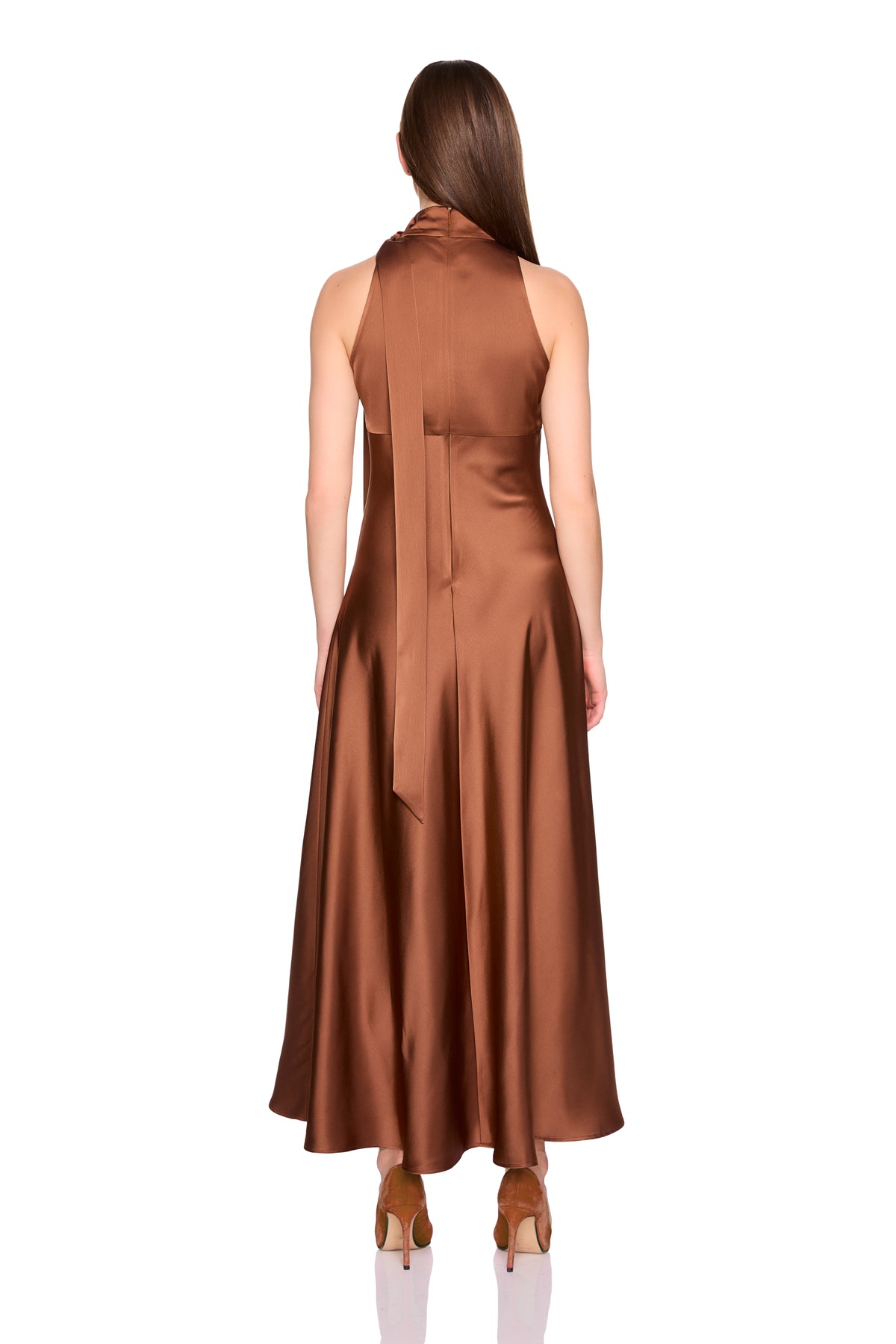 satin mock neck with long tie dress 42"