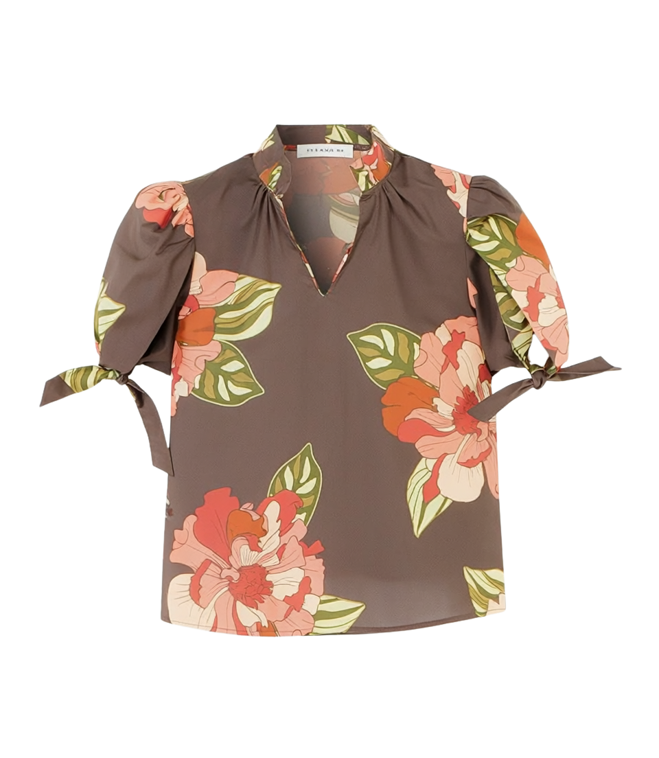 RUFFLED FLORAL TOP WITH BOW TIE SLEEVE
