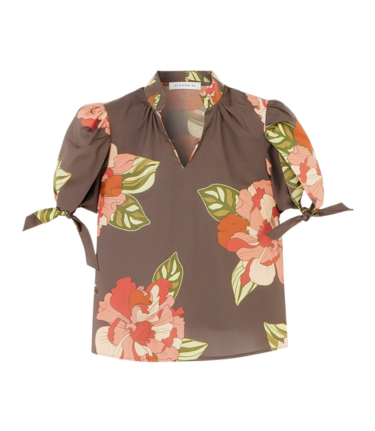 RUFFLED FLORAL TOP WITH BOW TIE SLEEVE