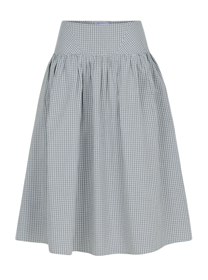 GINGHAM SHIRRED MIDI SKIRT