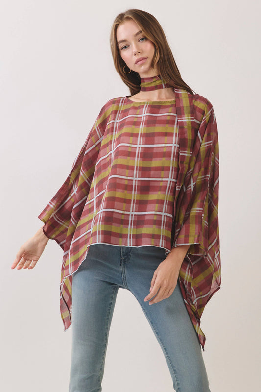 CT10174-Plaid Scarf Neck Poncho Top