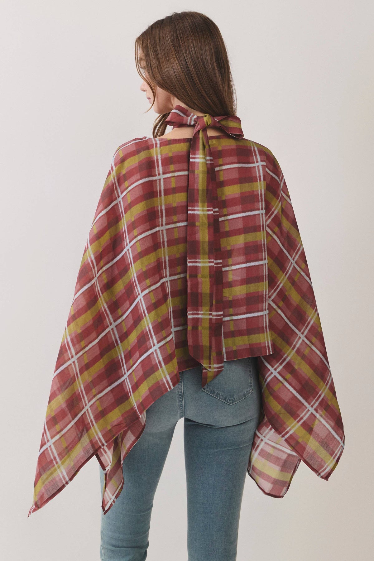 CT10174-Plaid Scarf Neck Poncho Top