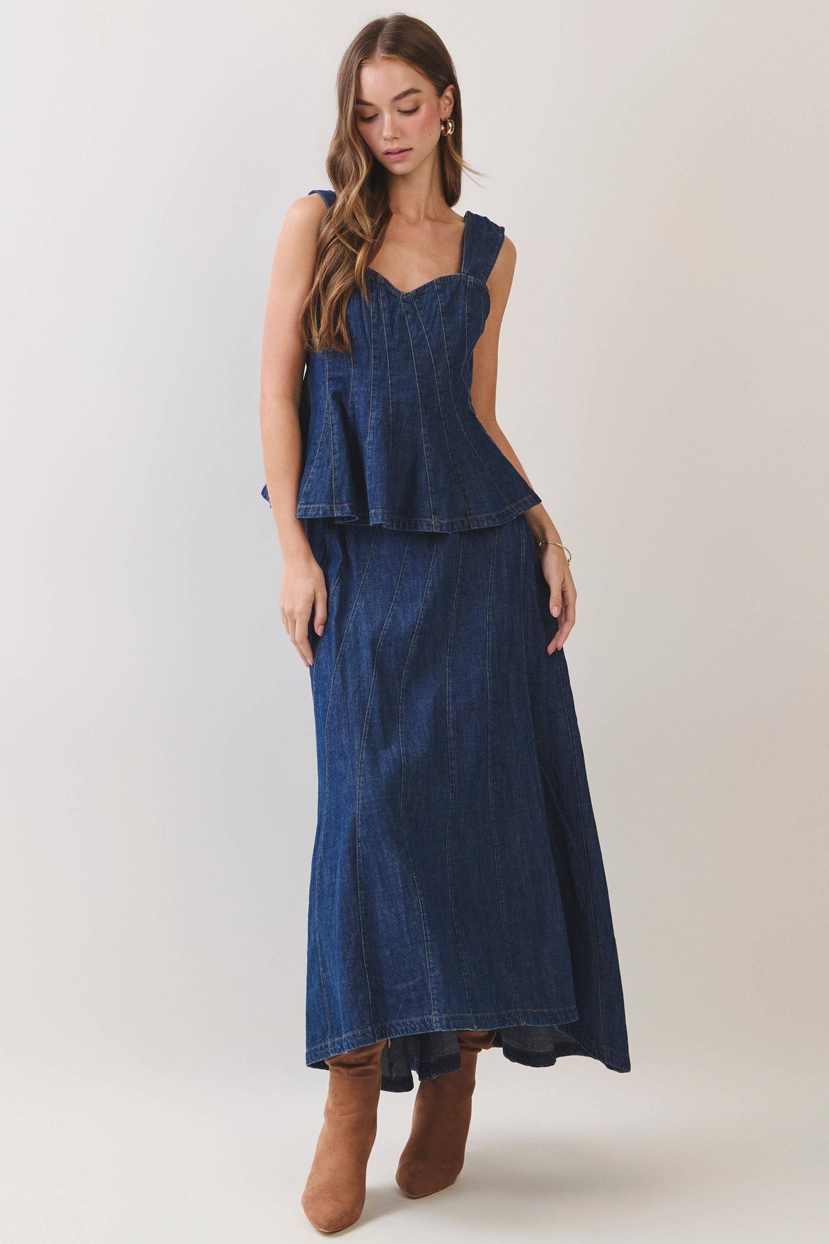 DENIM CURVED PANEL SEAM MAXI SKIRT