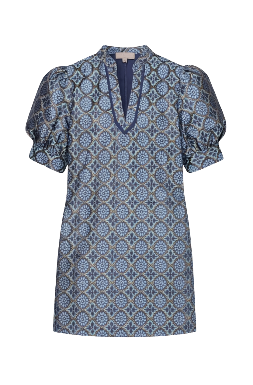 COLLAR TRIMMED V NECK DRESS