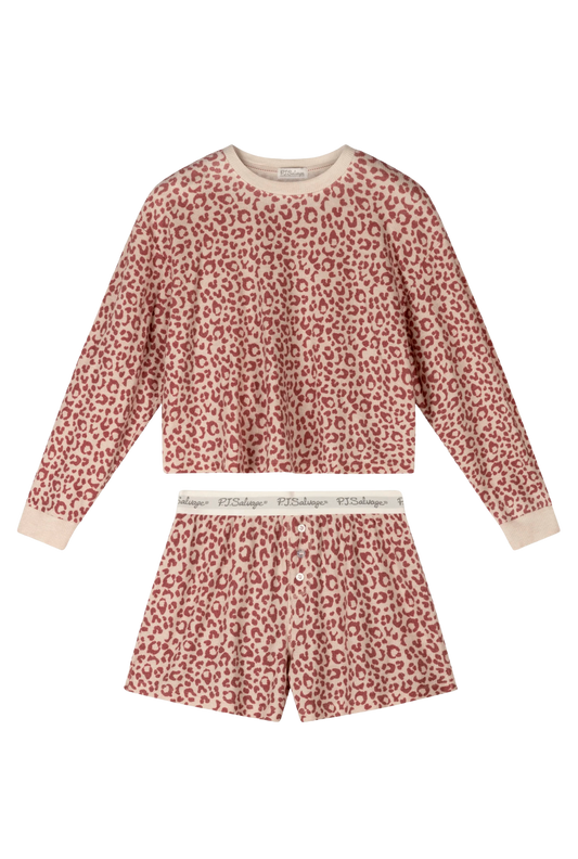BOYFRIEND BOXER LEOPARD PRINT LONG SLEEVE & SHORTS PJ SET