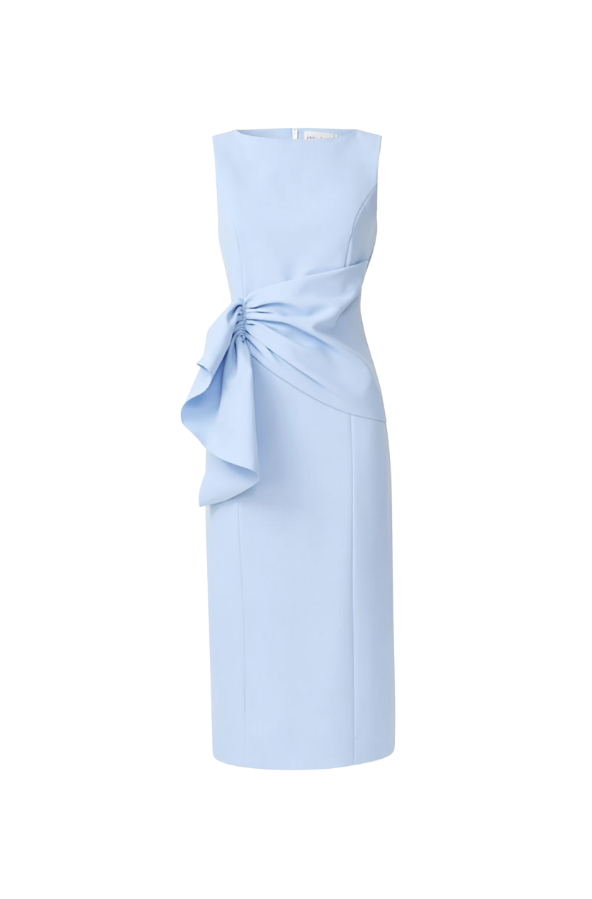 LIORA DRAPED RUFFLE COLUMN MIDI DRESS