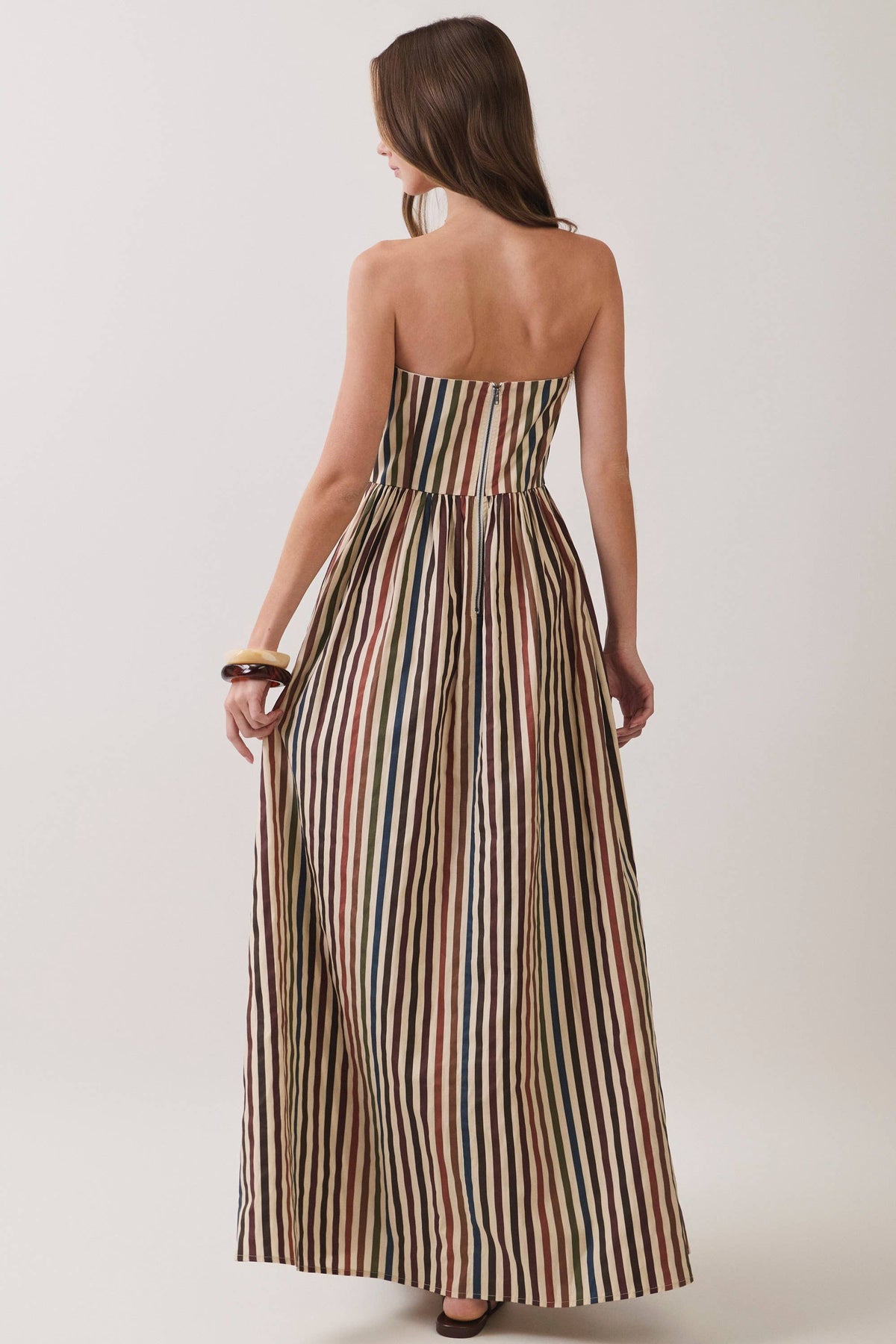 MULTI STRIPE STRAPLESS MAXI DRESS