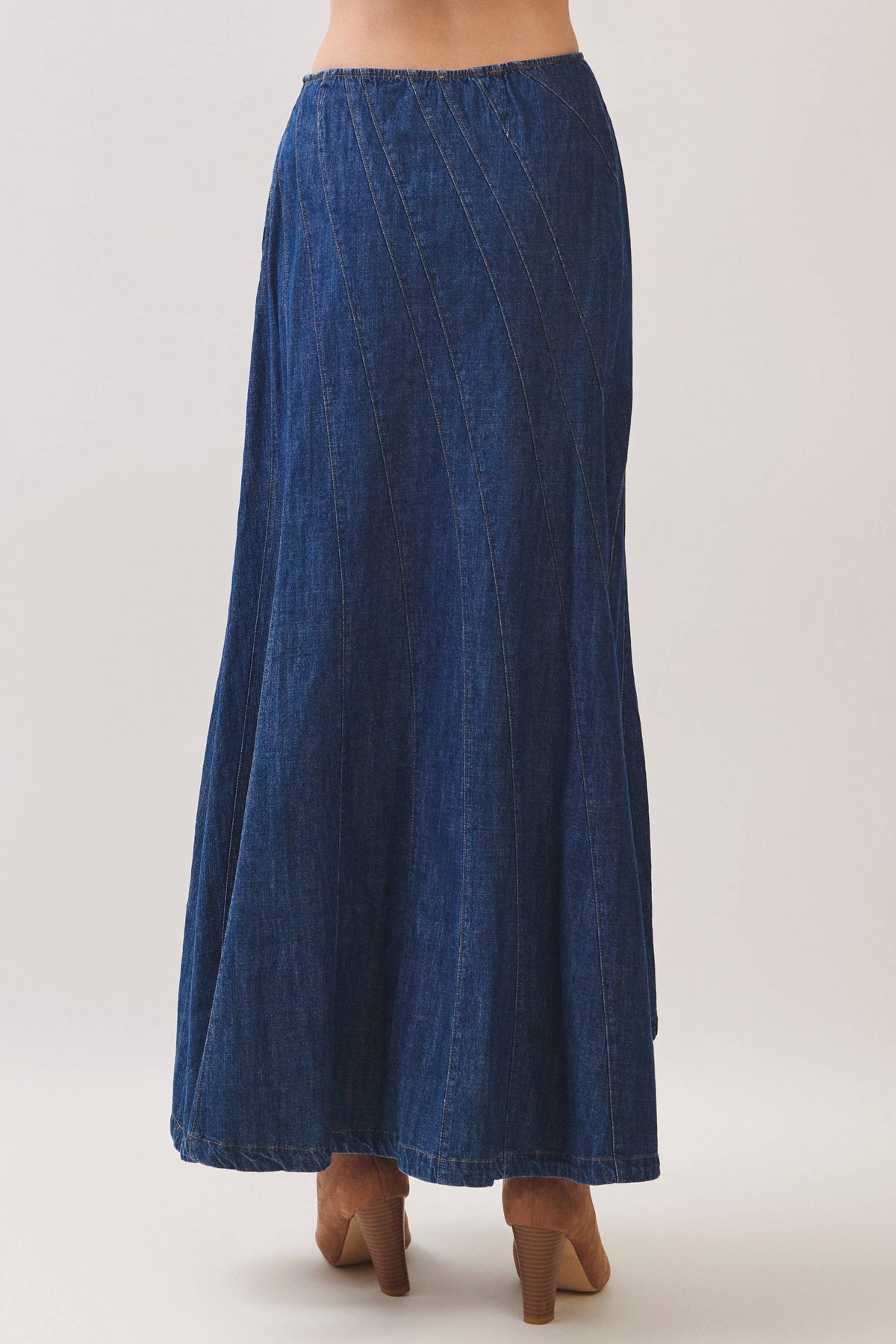 DENIM CURVED PANEL SEAM MAXI SKIRT