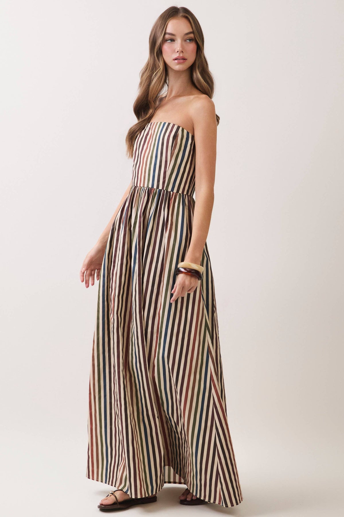 MULTI STRIPE STRAPLESS MAXI DRESS