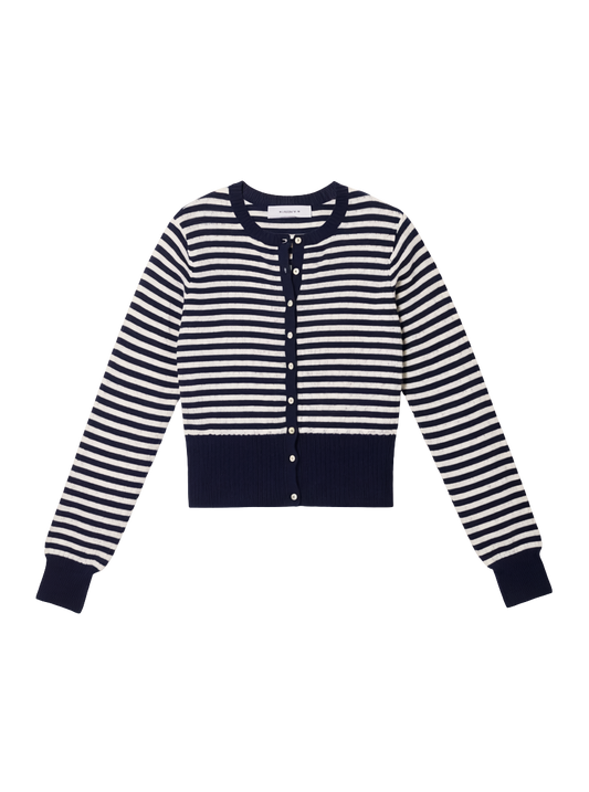 BECKETT STRIPED POINTELLE BLOUSON SLEEVE HIGH RIB CARDIGAN