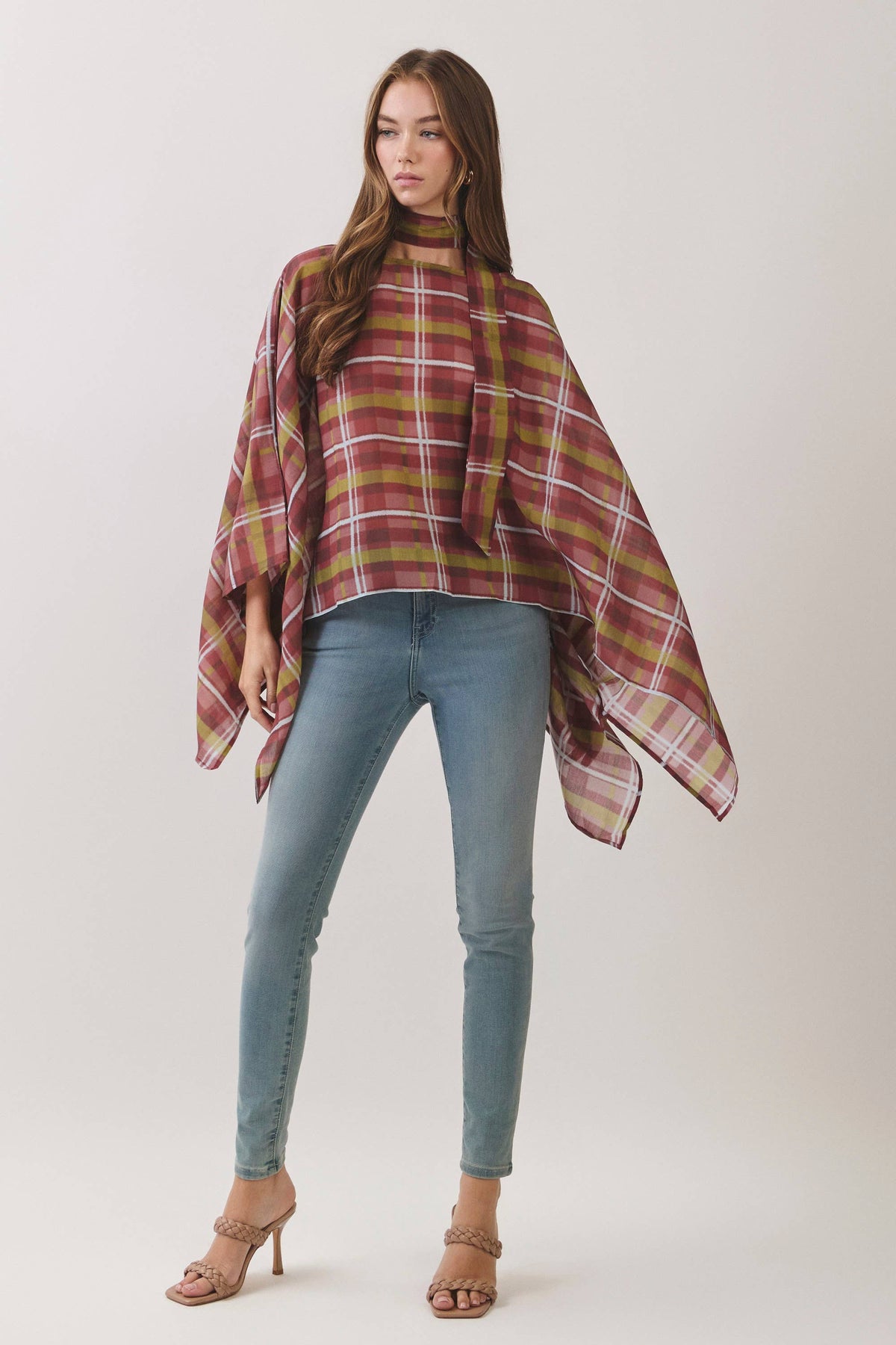 CT10174-Plaid Scarf Neck Poncho Top