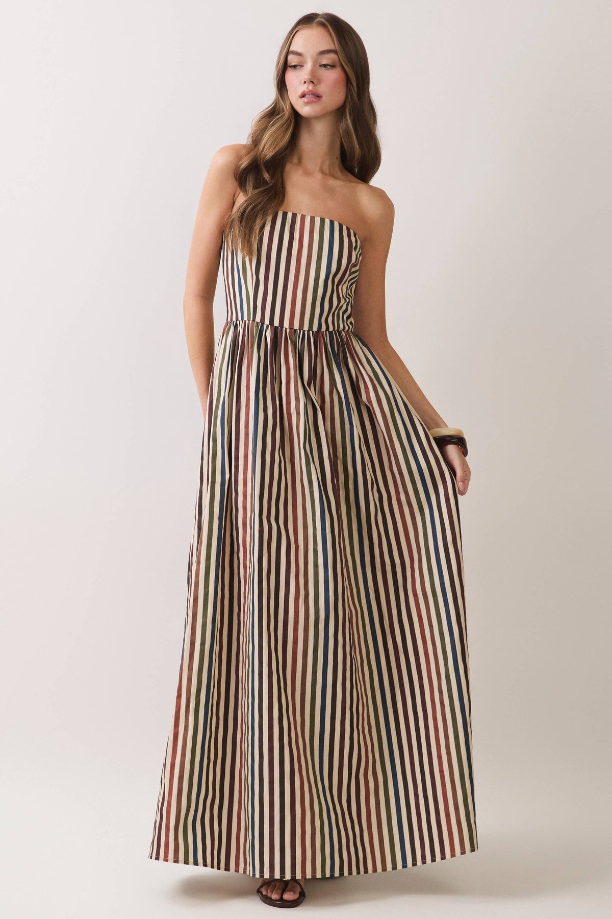 MULTI STRIPE STRAPLESS MAXI DRESS