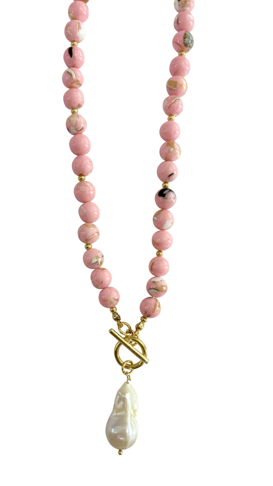 Sandy Beaded Necklace with Pearl Accent- Light Pink