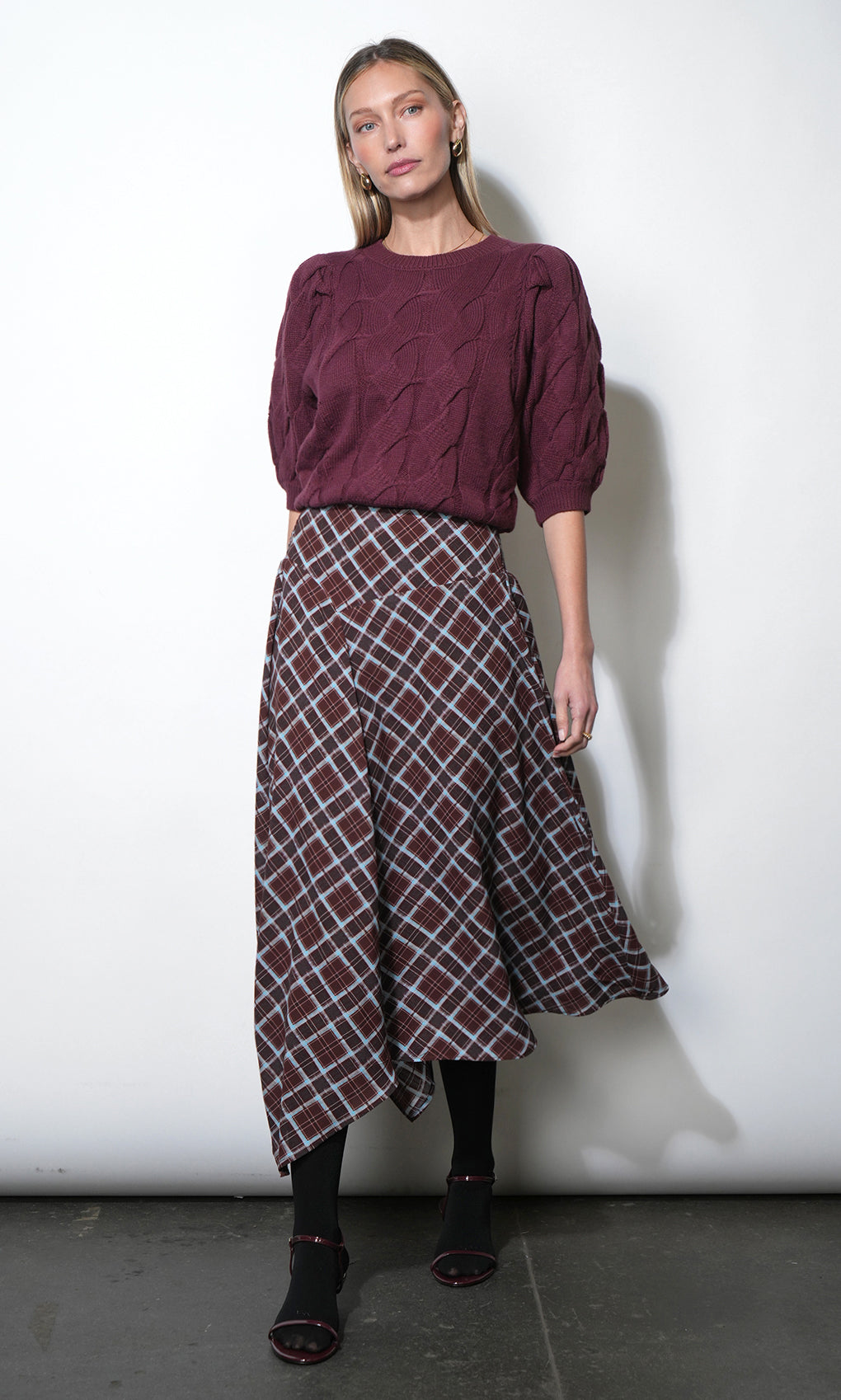 Rhodes Asymmetric Plaid Midi Skirt