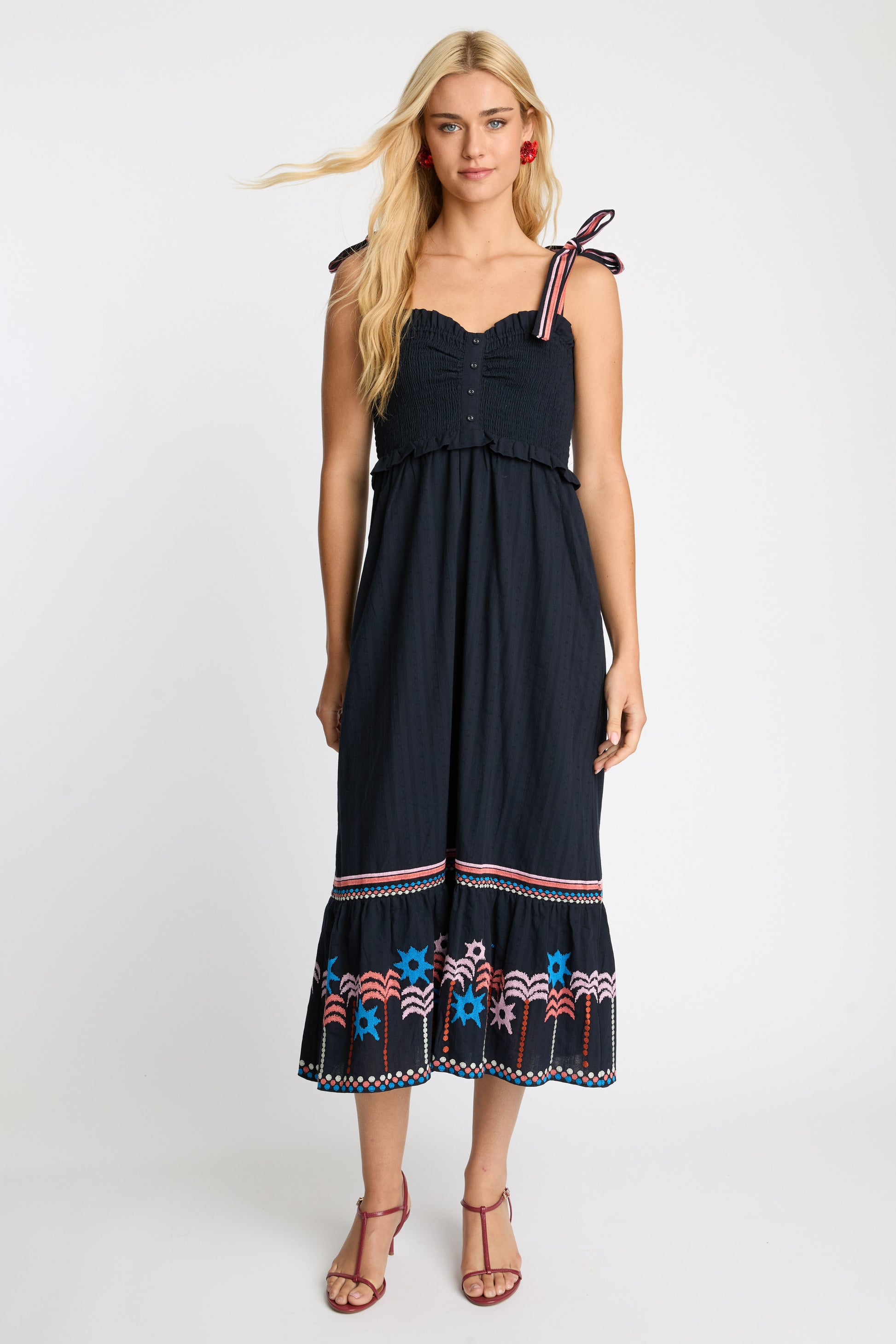 Thandi Dress in Peacoat Navy Palm Embroidery