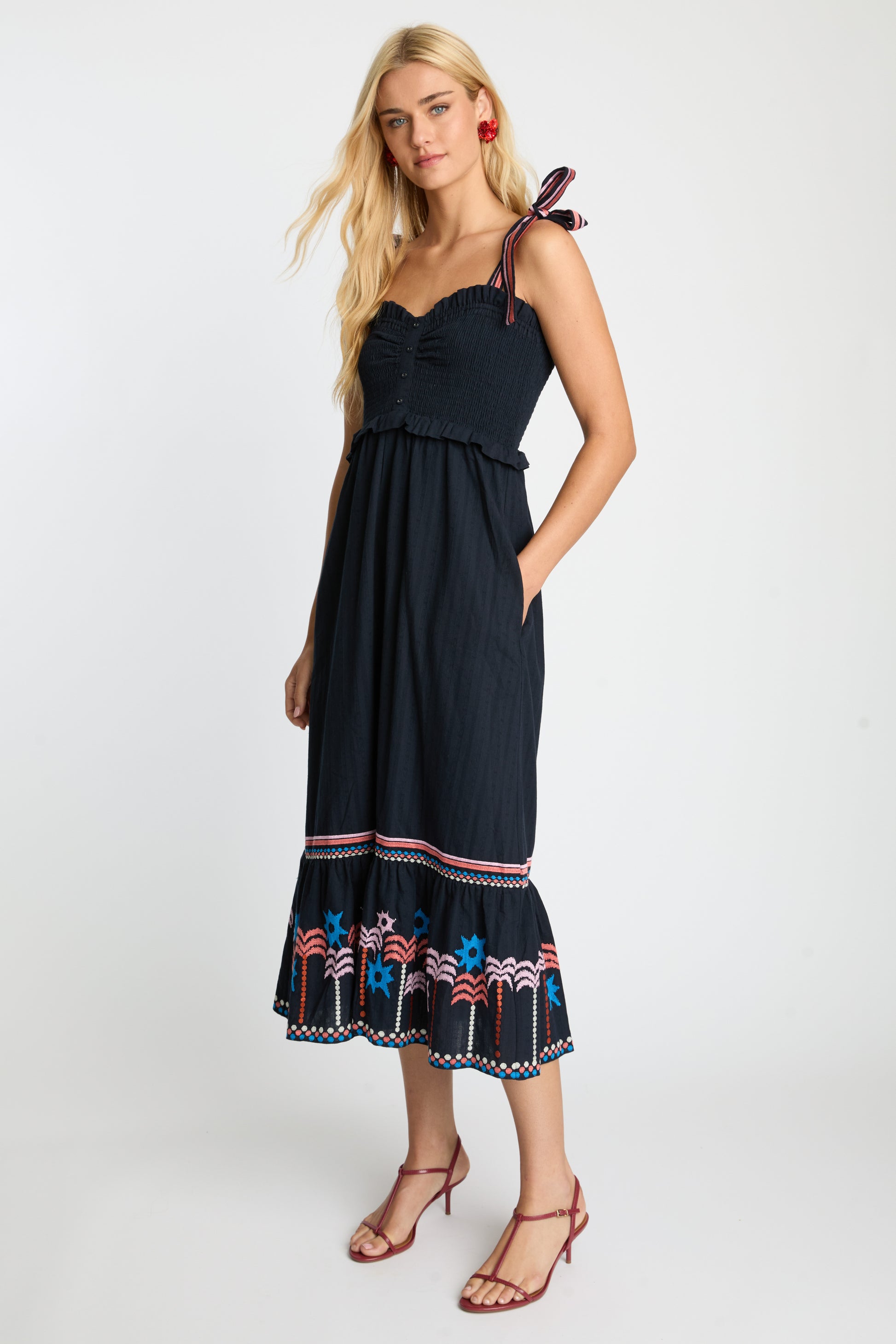 Thandi Dress in Peacoat Navy Palm Embroidery