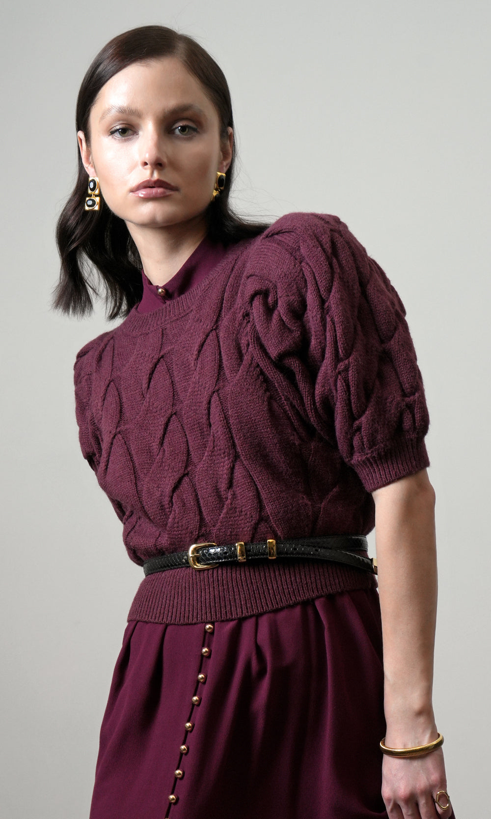 Hallie Cable Knit Puff Sleeve Sweater Top
