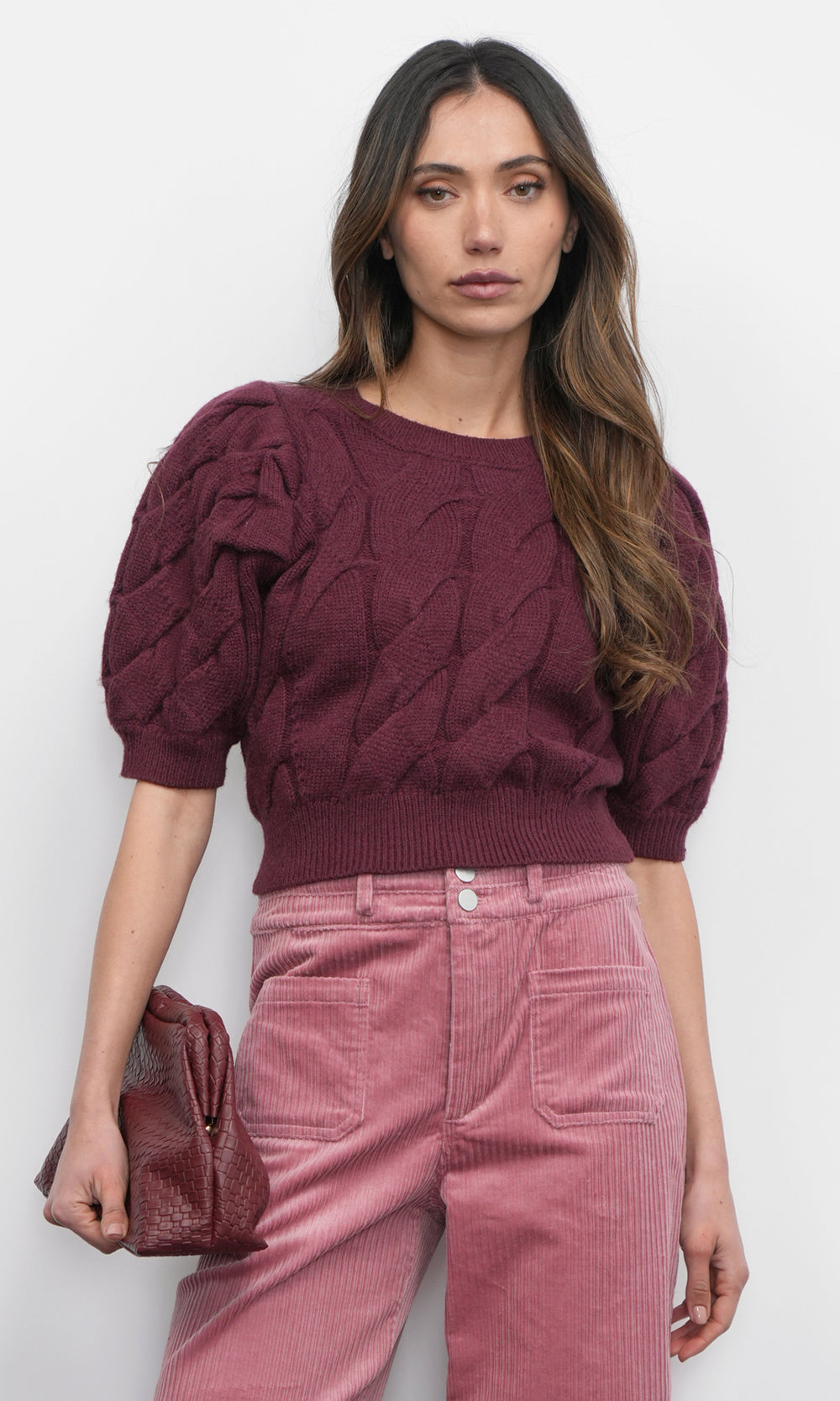 Hallie Cable Knit Puff Sleeve Sweater Top
