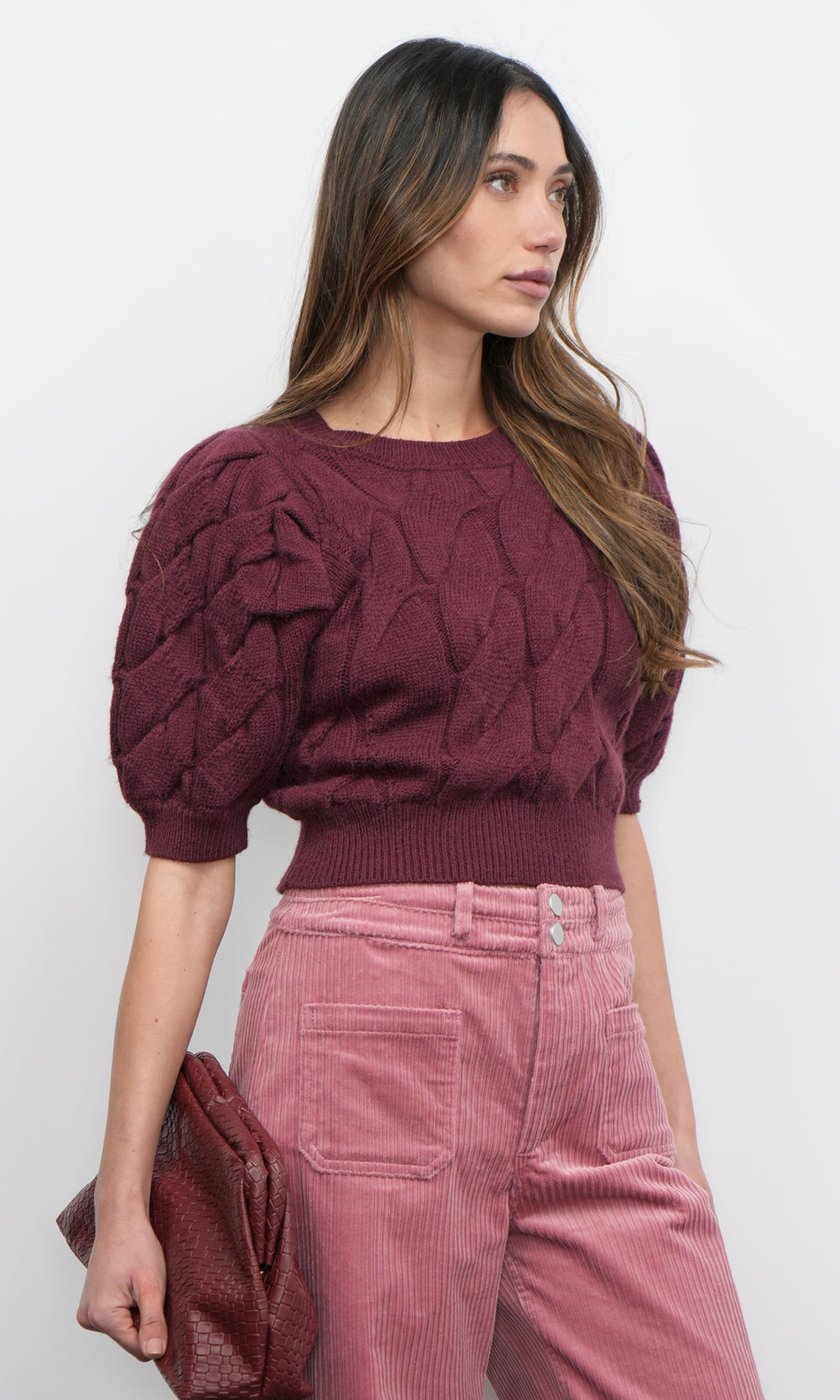 Hallie Cable Knit Puff Sleeve Sweater Top