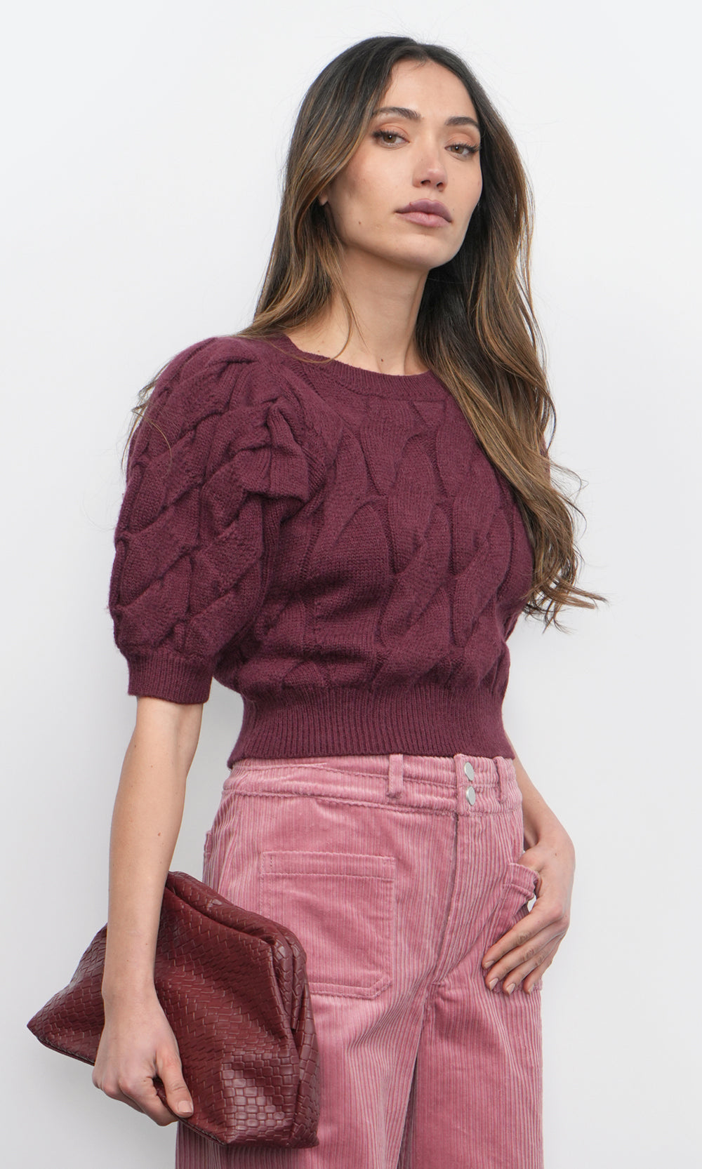 Hallie Cable Knit Puff Sleeve Sweater Top