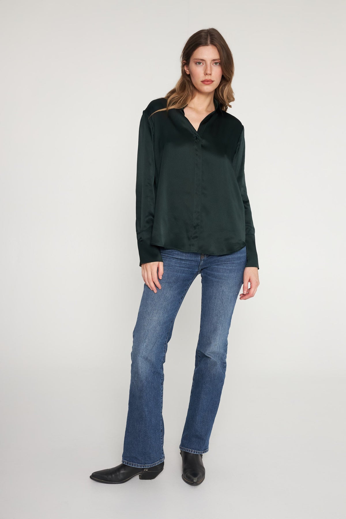 Daria French Cuff Silk Blouse - Forrest Green