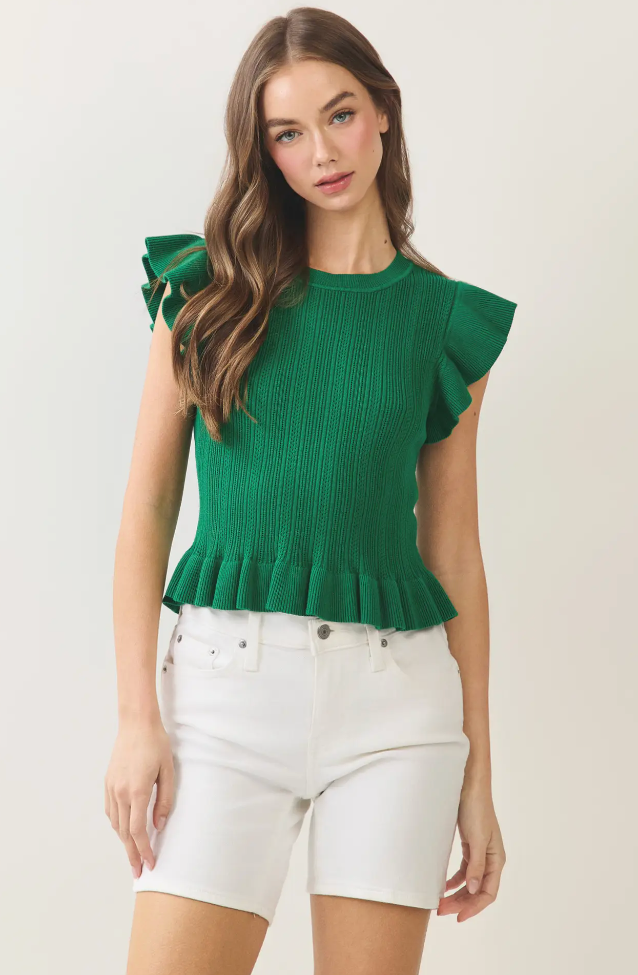 RUFFLED HEM RIBBED KNIT TOP