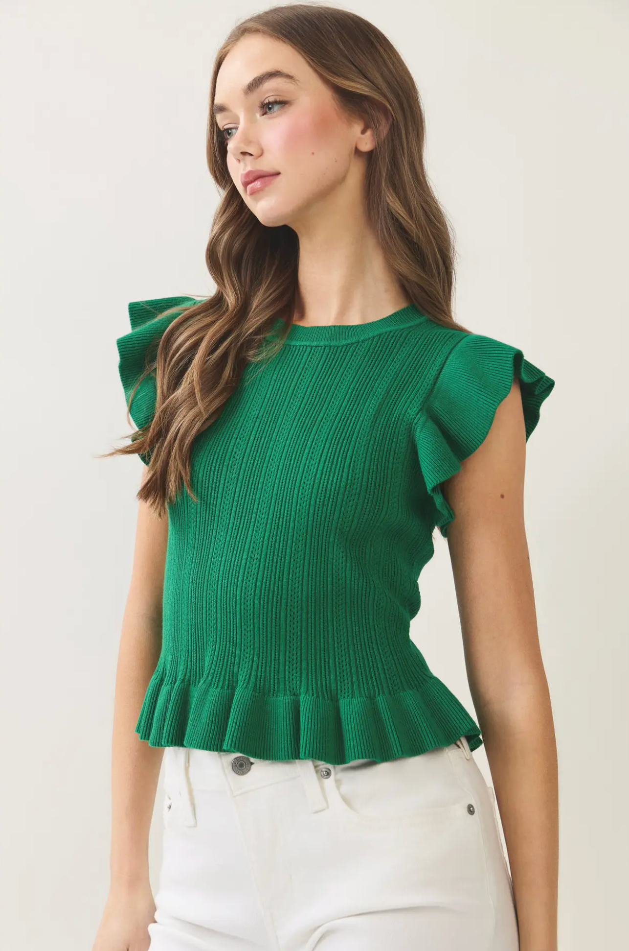 RUFFLED HEM RIBBED KNIT TOP