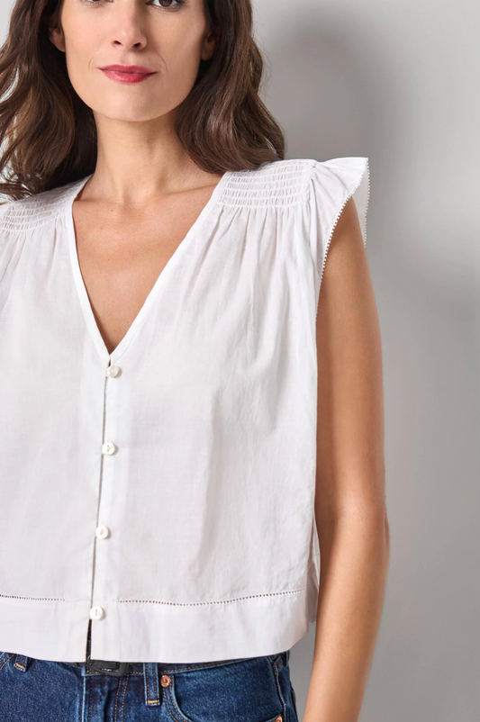 SMOCKED SHOULDER V-NECK TOP