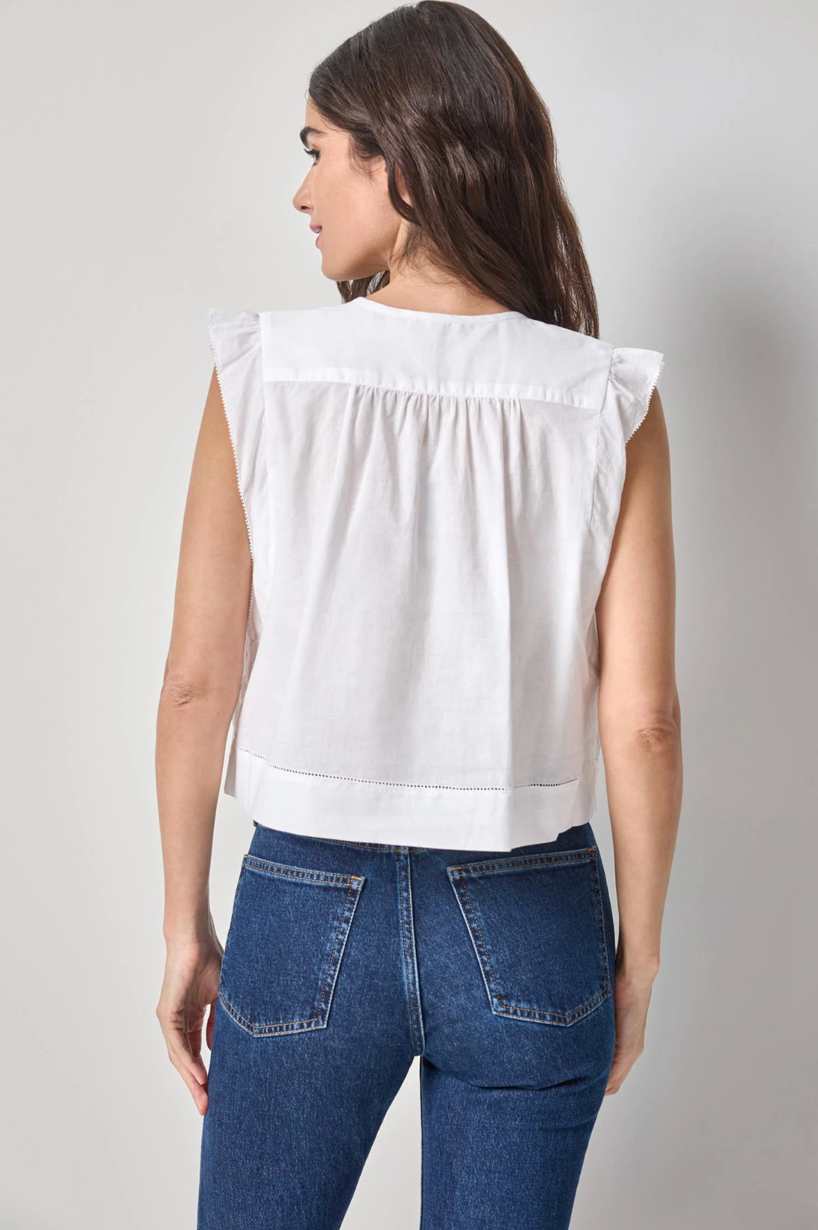 SMOCKED SHOULDER V-NECK TOP