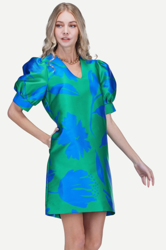 V-NECK PUFF SLEEVE DRESS