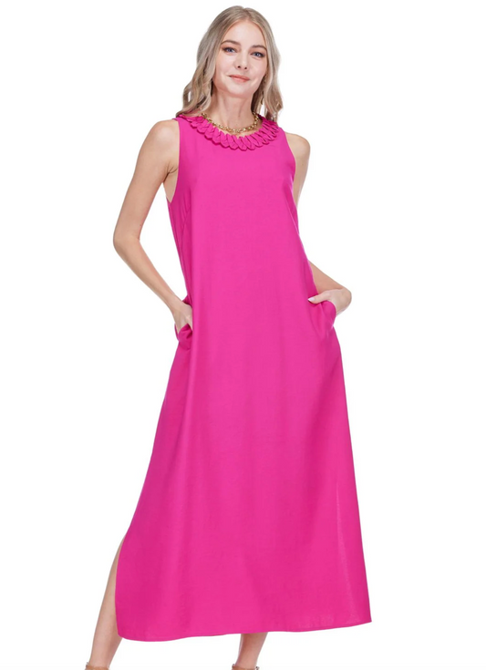ZIG ZAG TRIM NECK COLUMN DRESS