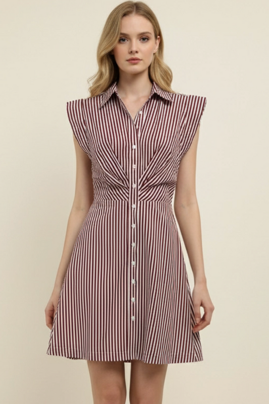 STRIPE CAP SLEEVE BUTTON DOWN MINI DRESS