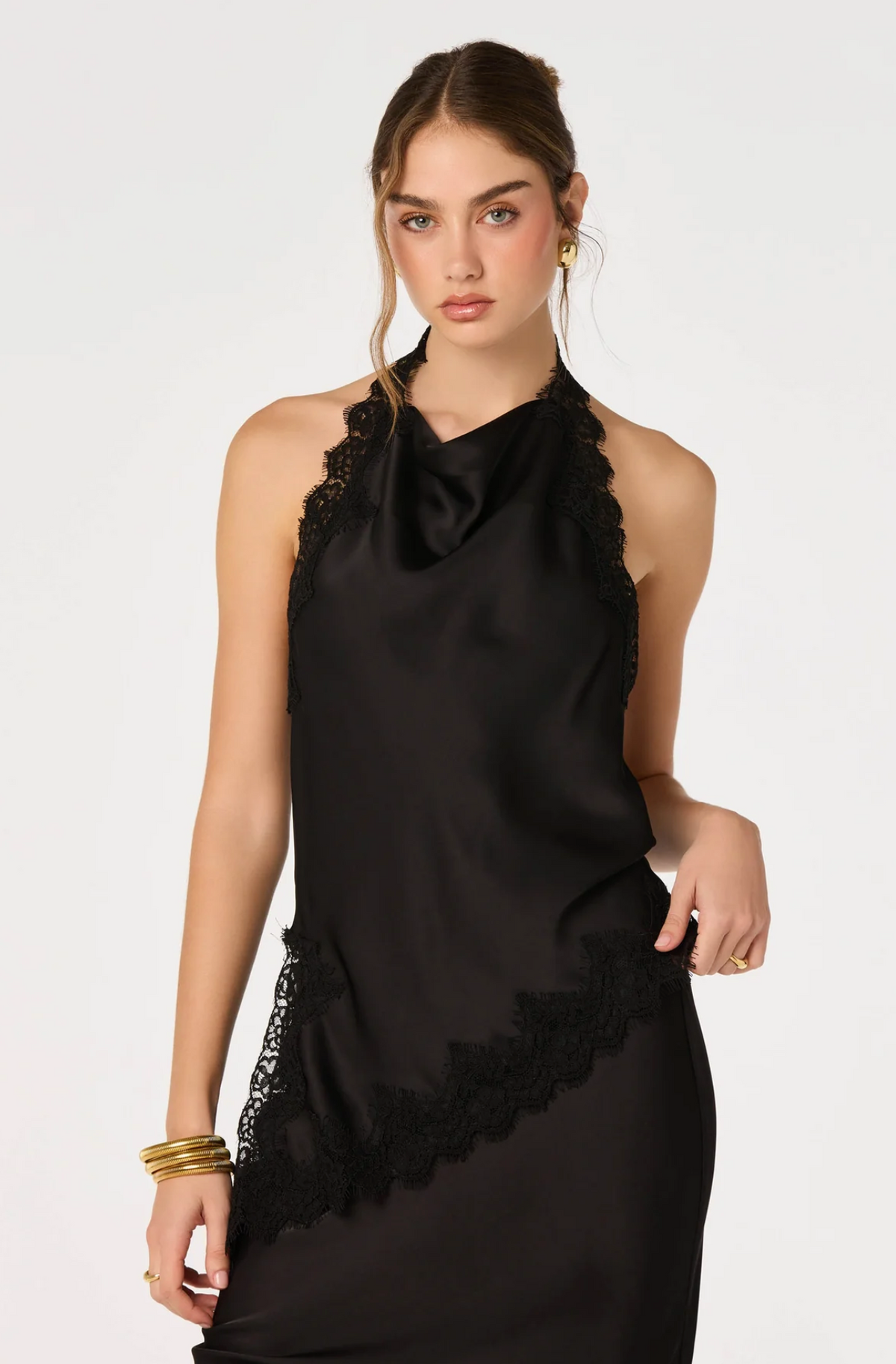 AMIRA SATIN LACE TRIM HALTER TOP