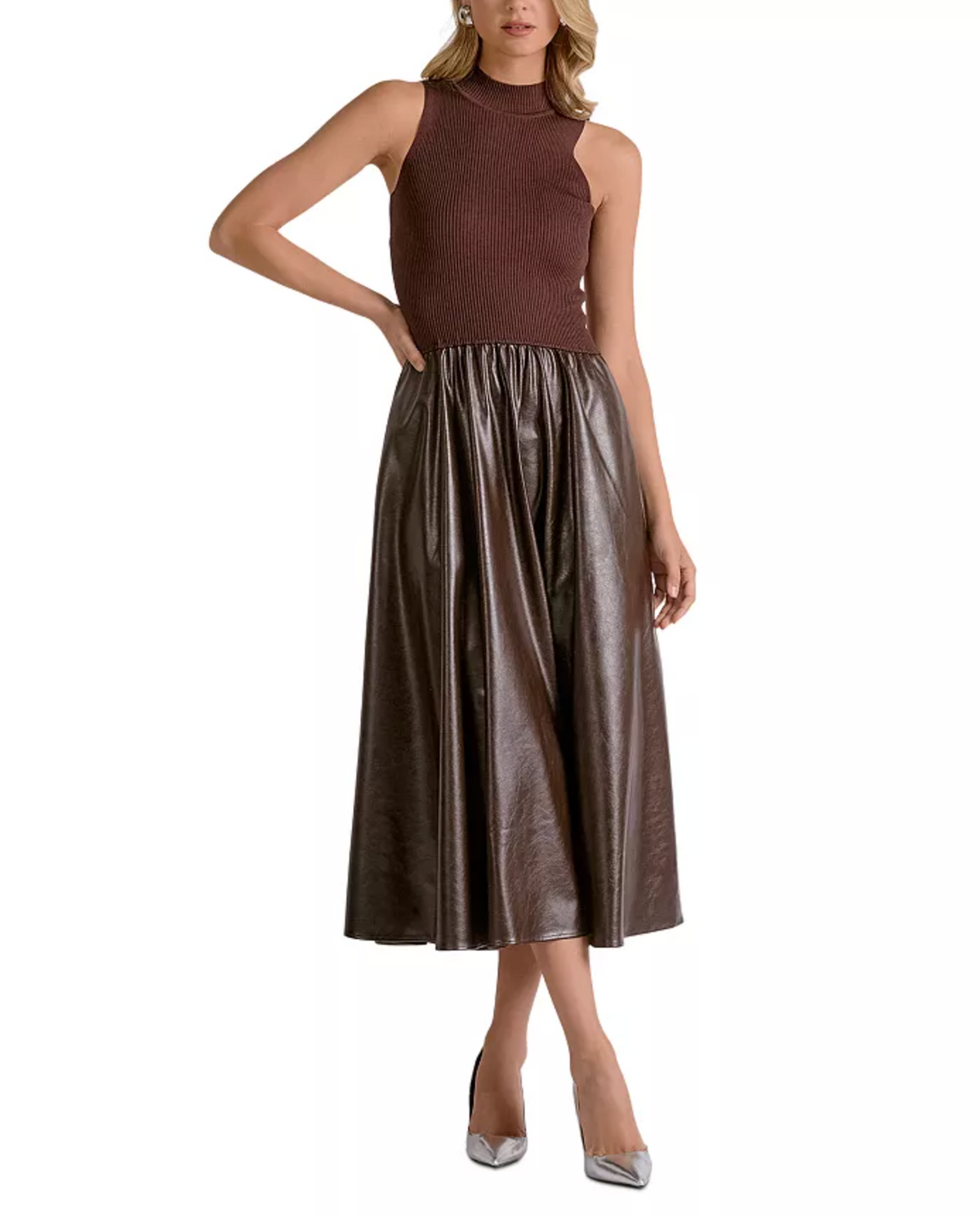 MOCK NECK MIXED MEDIA MAXI DRESS