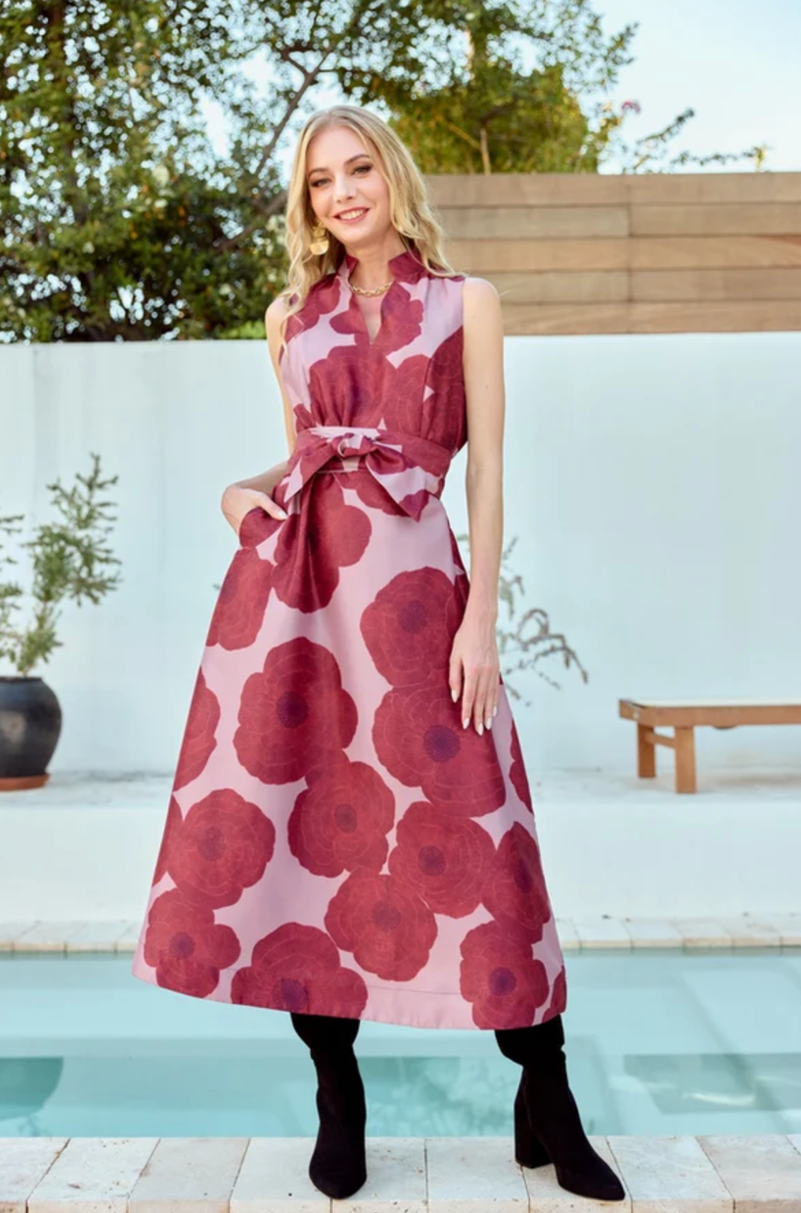 STAND COLLAR FIT & FLARE DRESS